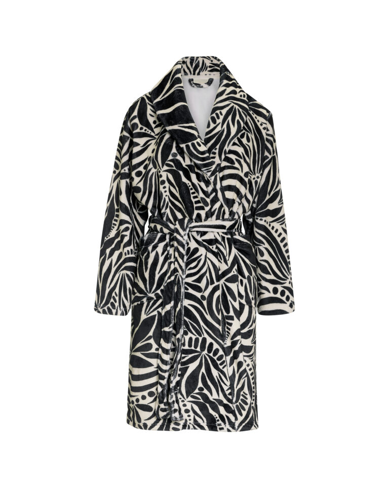 Badjas met zwart-wit bladprint en ceintuur, knielengte, zachte fleece stof