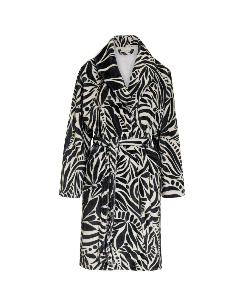 Badjas met zwart-wit bladprint en ceintuur, knielengte, zachte fleece stof
