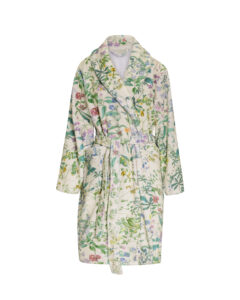 Badjas met botanische bloemenprint in crème, groen, paars en roze tinten, met ceintuur en sjaalkraag